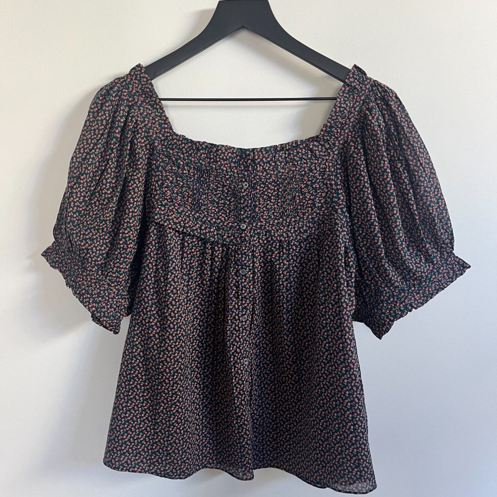 Doen Farley Top Puff Sleeve Square Neck Navy Bisou Floral Size L